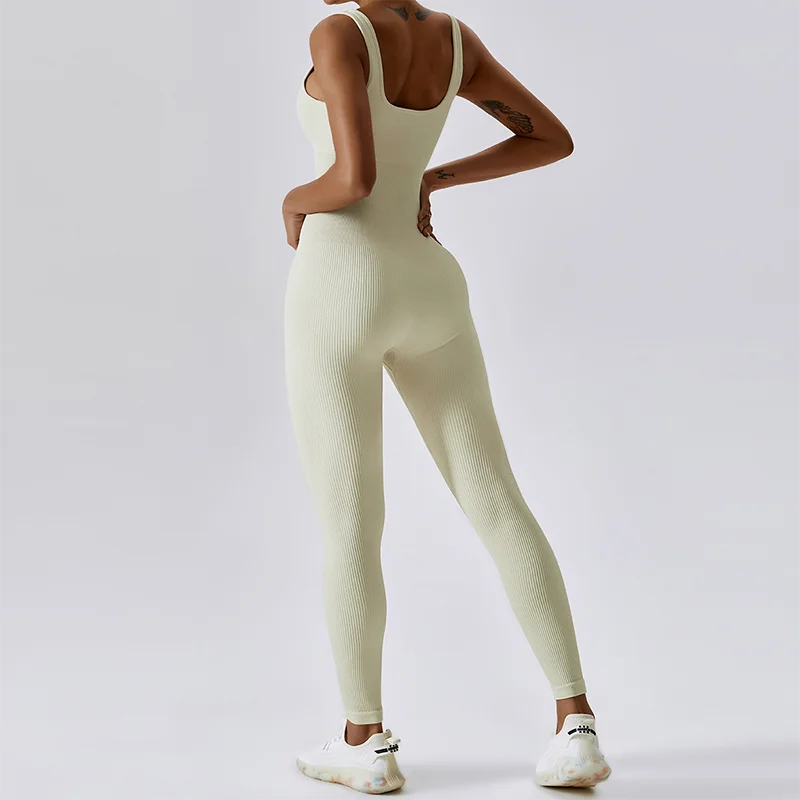 Seamless Ribbed Jumpsuit Women’s Yoga Tracksuit – One-Piece Sleeveless Fitness Romper