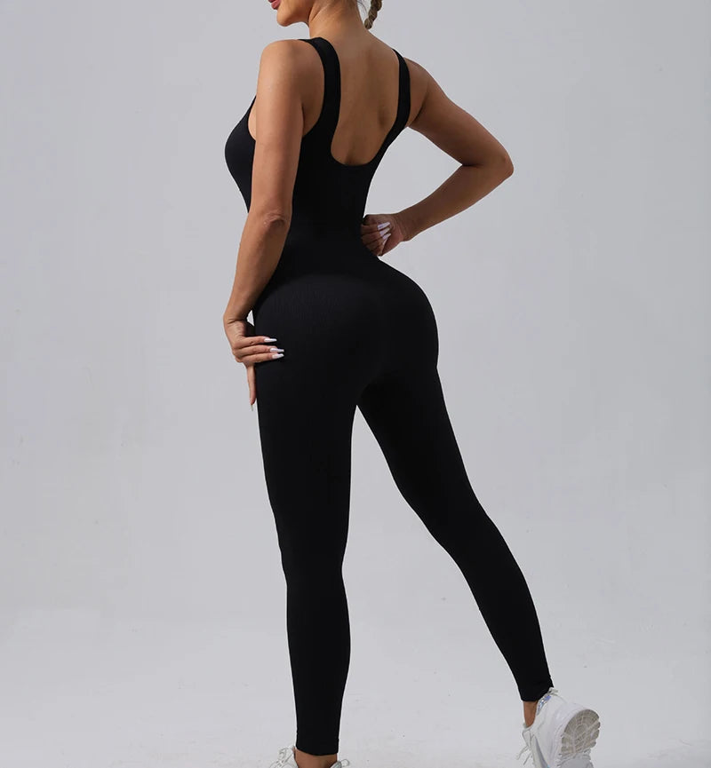 Seamless Ribbed Jumpsuit Women’s Yoga Tracksuit – One-Piece Sleeveless Fitness Romper