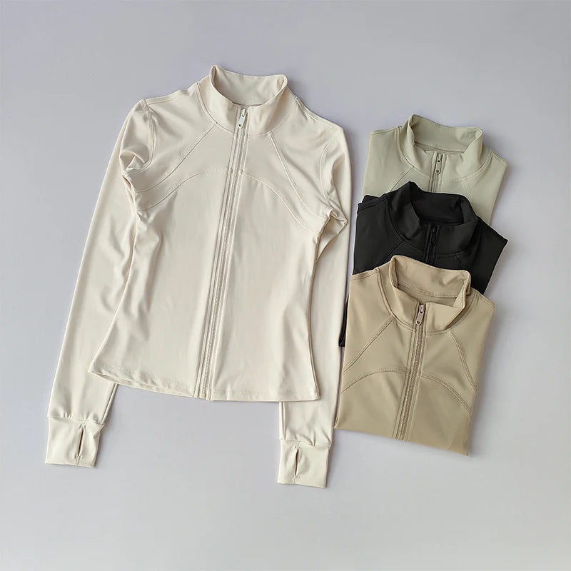 Women’s Yoga Suit – High-End Long Sleeve Sports Jacket with Standing Collar, Windproof Running & Training Top