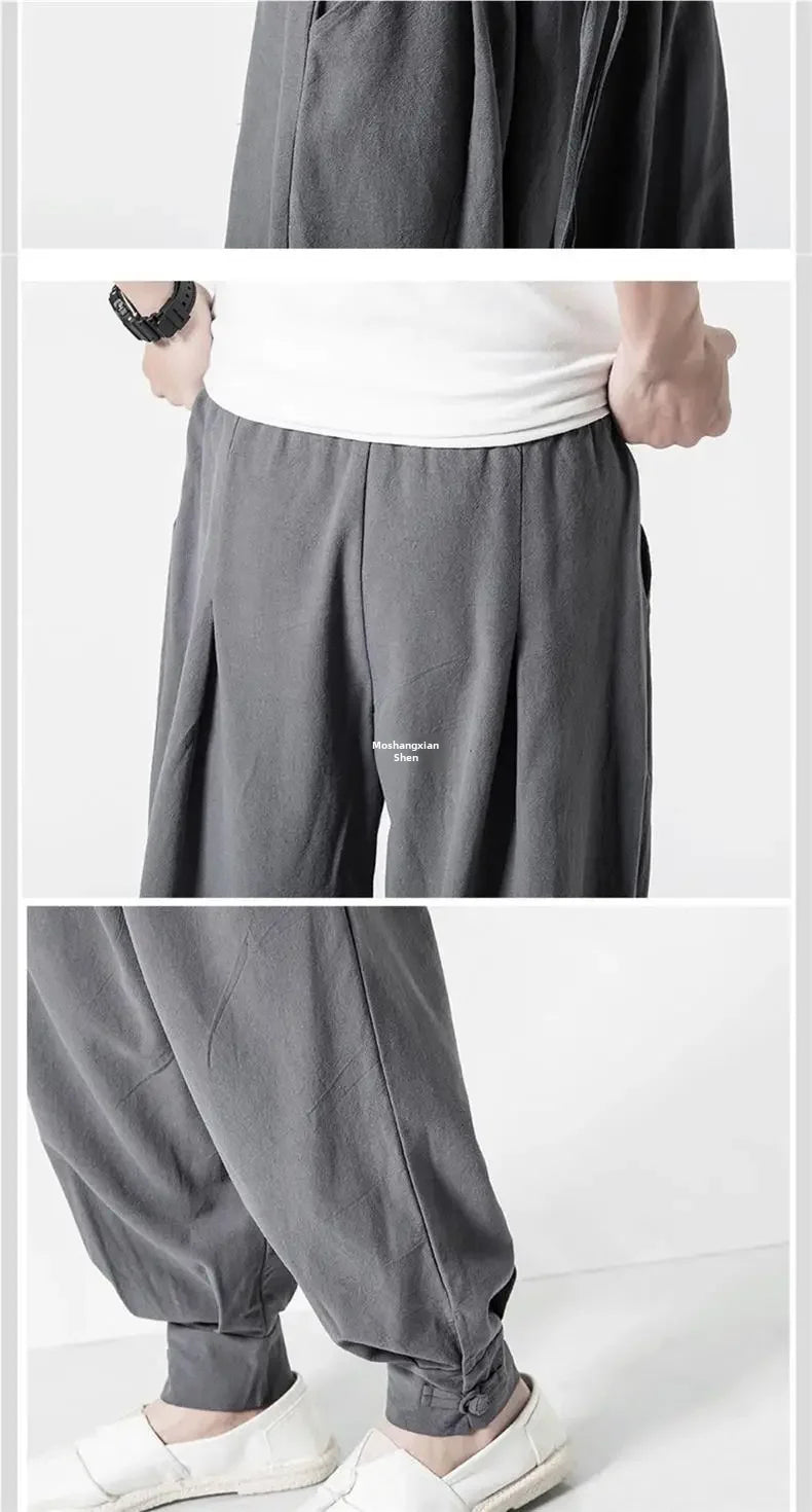 Loose-Fit Cotton Linen Monk Pants – Unisex Zen Meditation Trousers