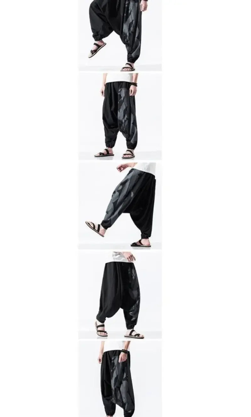 Hip Hop Style Loose Fit Low Waist Cotton Linen Special Cropped Pants Japanese Style Baggy Pants For Men