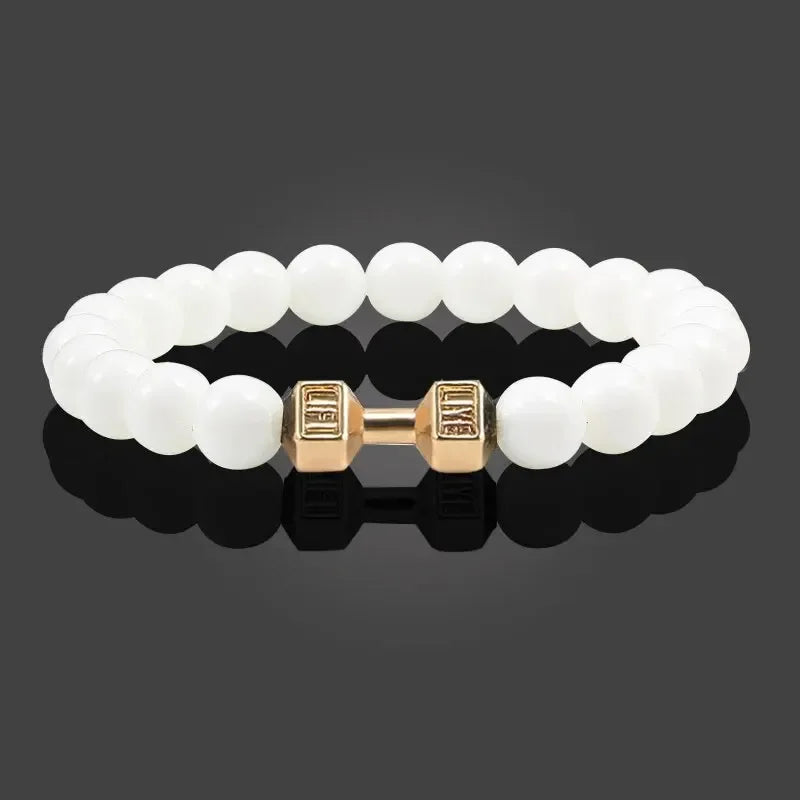 Hot Selling Vintage Men’s Beaded Bracelet – Natural Stone with Dumbbell Pendant, Elastic Strand Wristband, Friendship Gift
