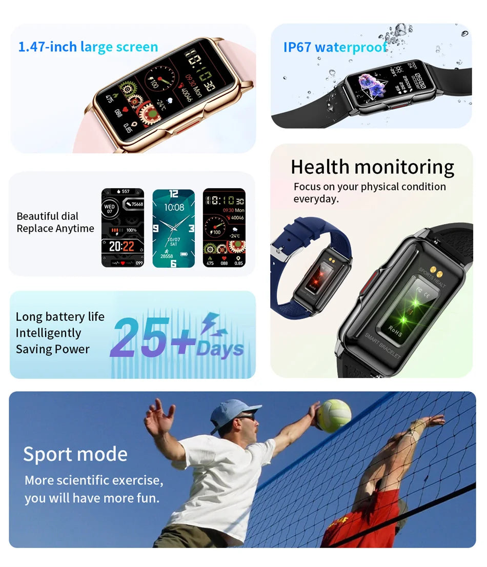 Smart Bracelet Watch – Android iOS Compatible, Waterproof Fitness Tracker with Heart Rate Monitor & 20+ Sports Modes, Gift for Men & Women