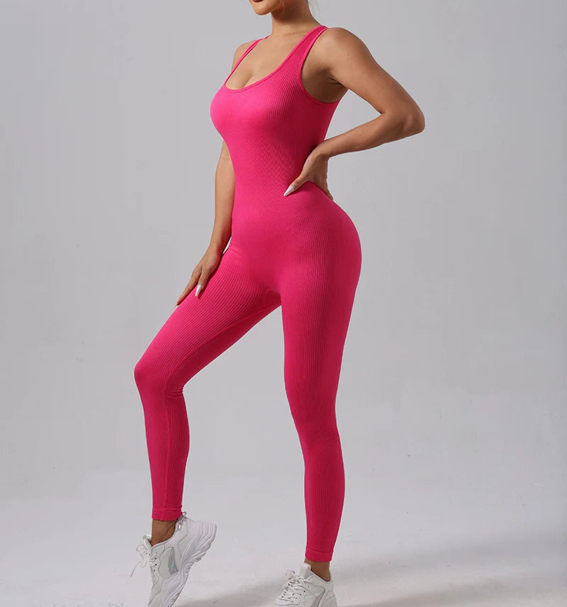 Seamless Ribbed Jumpsuit Women’s Yoga Tracksuit – One-Piece Sleeveless Fitness Romper