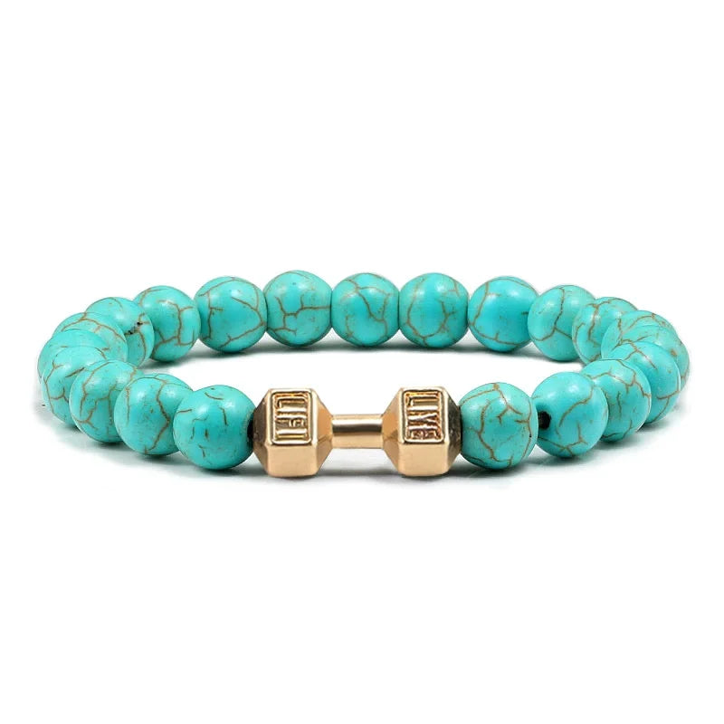 Hot Selling Vintage Men’s Beaded Bracelet – Natural Stone with Dumbbell Pendant, Elastic Strand Wristband, Friendship Gift