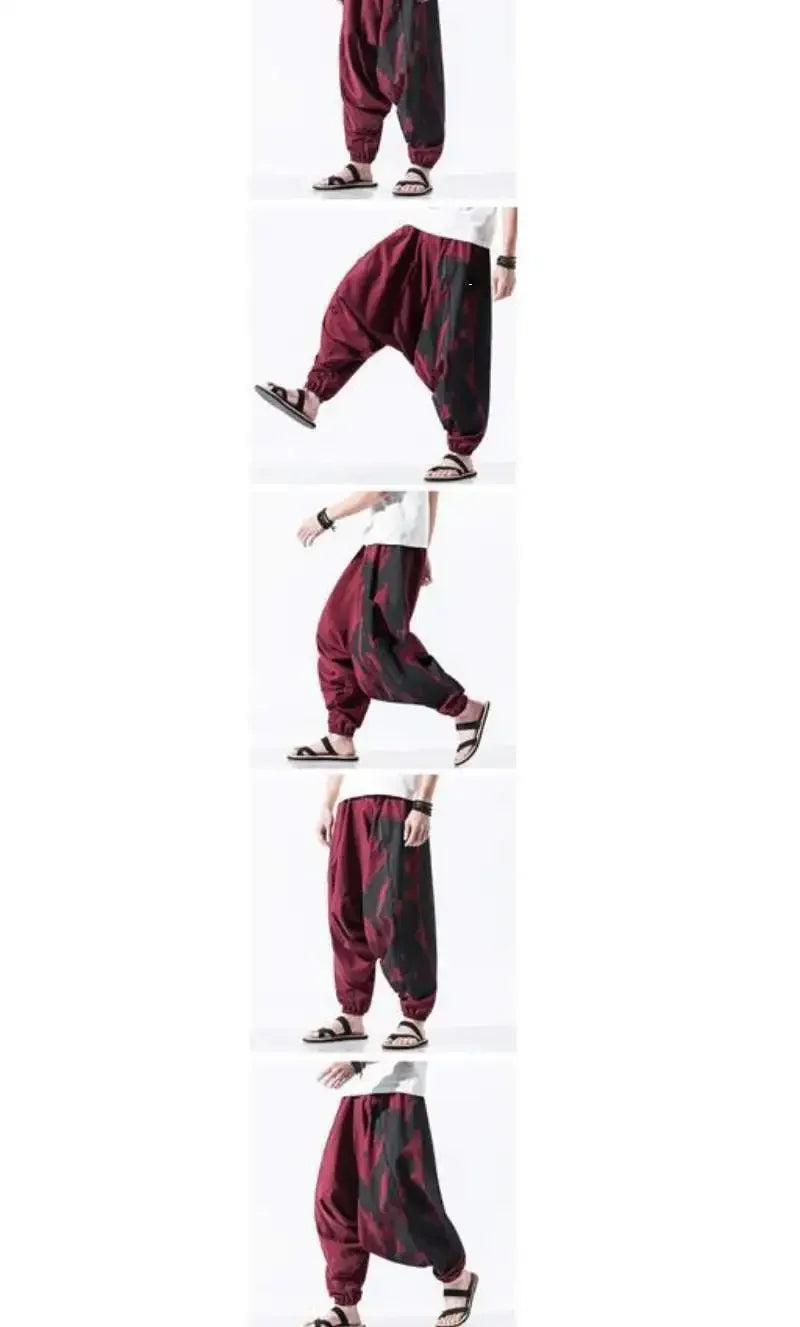 Hip Hop Style Loose Fit Low Waist Cotton Linen Special Cropped Pants Japanese Style Baggy Pants For Men