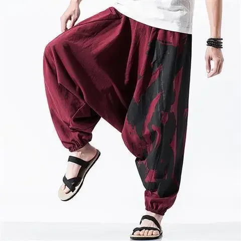 Hip Hop Style Loose Fit Low Waist Cotton Linen Special Cropped Pants Japanese Style Baggy Pants For Men