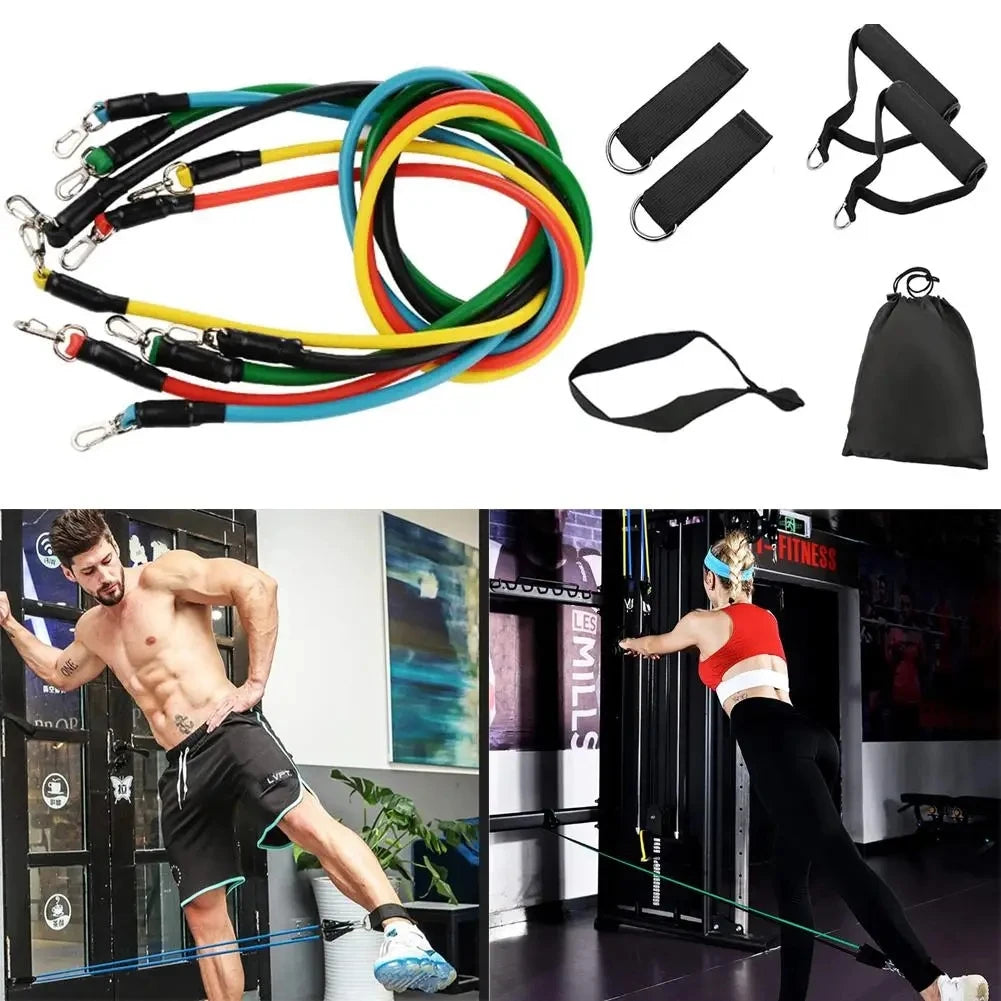 11pcs Fitness Resistance Bands Set – Exercise Tube Bands with Door Anchor, Ankle Straps, Cushioned Handles & Carry Bag