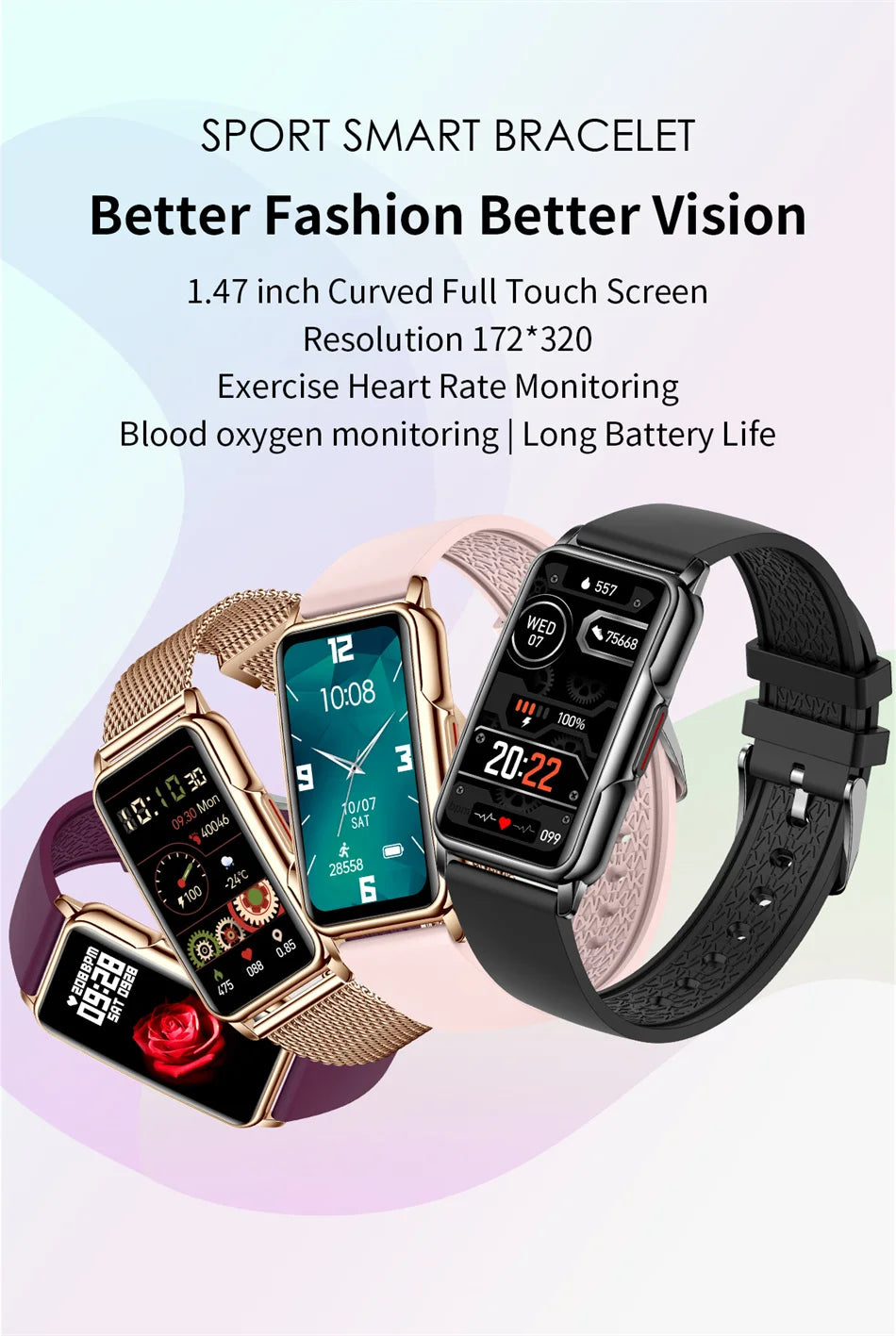 Smart Bracelet Watch – Android iOS Compatible, Waterproof Fitness Tracker with Heart Rate Monitor & 20+ Sports Modes, Gift for Men & Women
