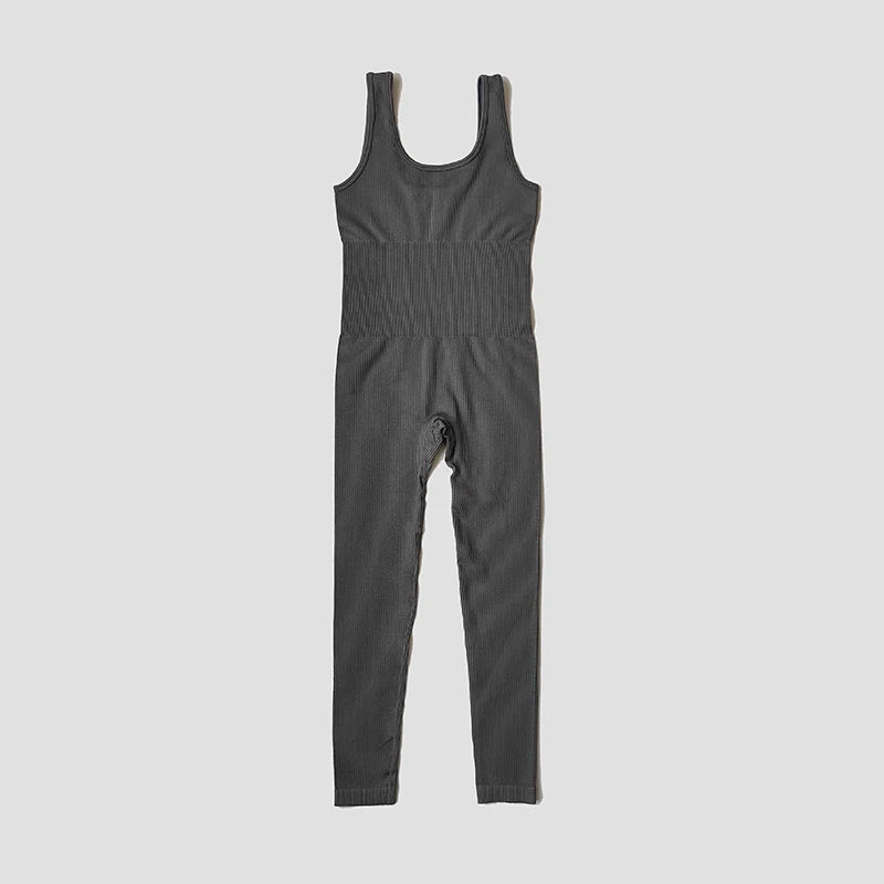 Seamless Ribbed Jumpsuit Women’s Yoga Tracksuit – One-Piece Sleeveless Fitness Romper