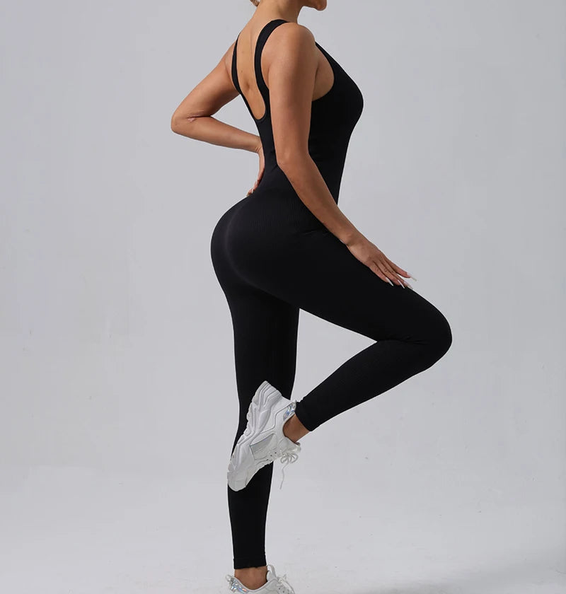 Seamless Ribbed Jumpsuit Women’s Yoga Tracksuit – One-Piece Sleeveless Fitness Romper