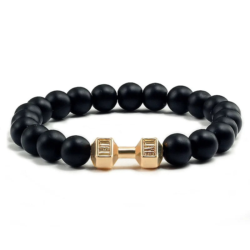 Hot Selling Vintage Men’s Beaded Bracelet – Natural Stone with Dumbbell Pendant, Elastic Strand Wristband, Friendship Gift