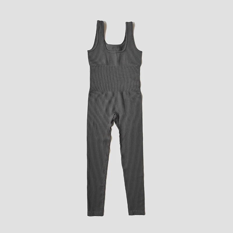 Seamless Ribbed Jumpsuit Women’s Yoga Tracksuit – One-Piece Sleeveless Fitness Romper