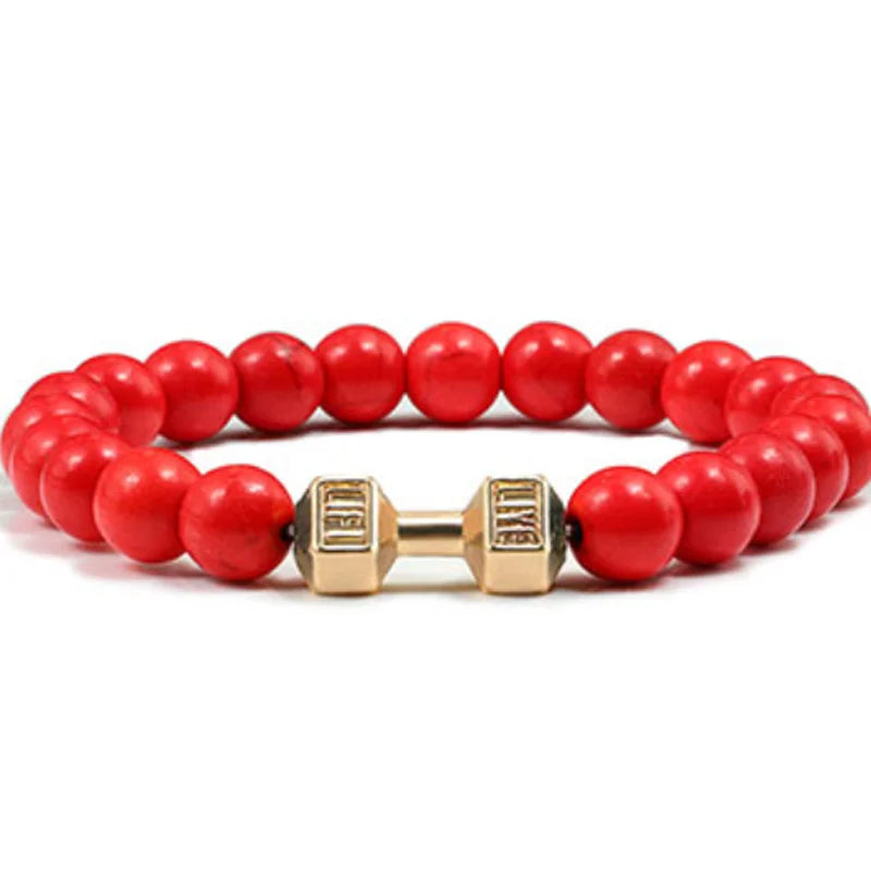 Hot Selling Vintage Men’s Beaded Bracelet – Natural Stone with Dumbbell Pendant, Elastic Strand Wristband, Friendship Gift