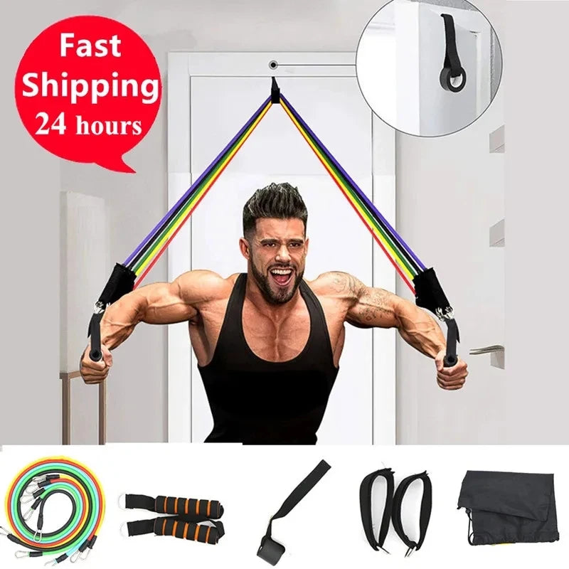 11pcs Fitness Resistance Bands Set – Exercise Tube Bands with Door Anchor, Ankle Straps, Cushioned Handles & Carry Bag
