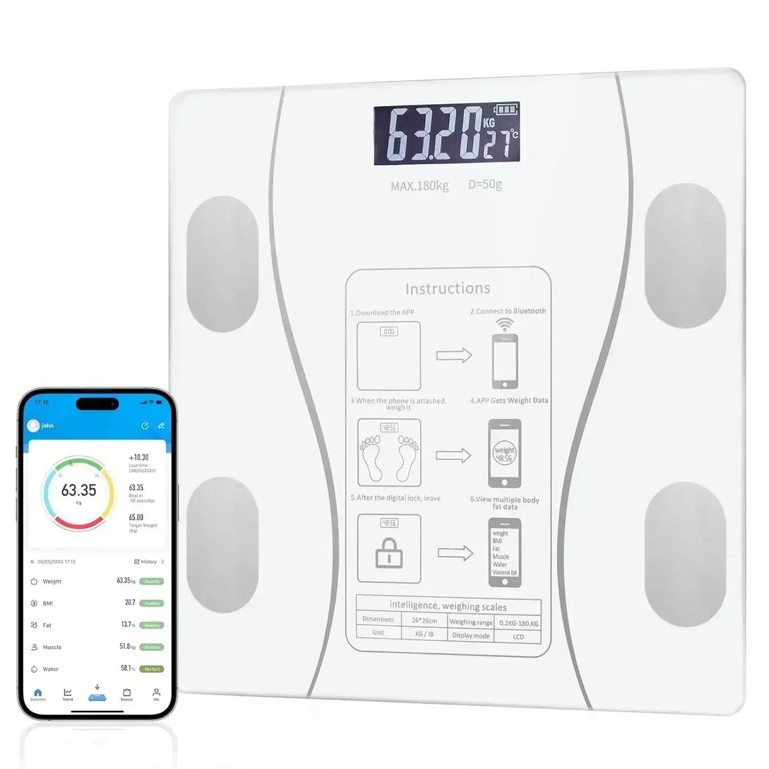 Bluetooth Body Fat Scale – Smart Digital Weight Scale with USB Charging