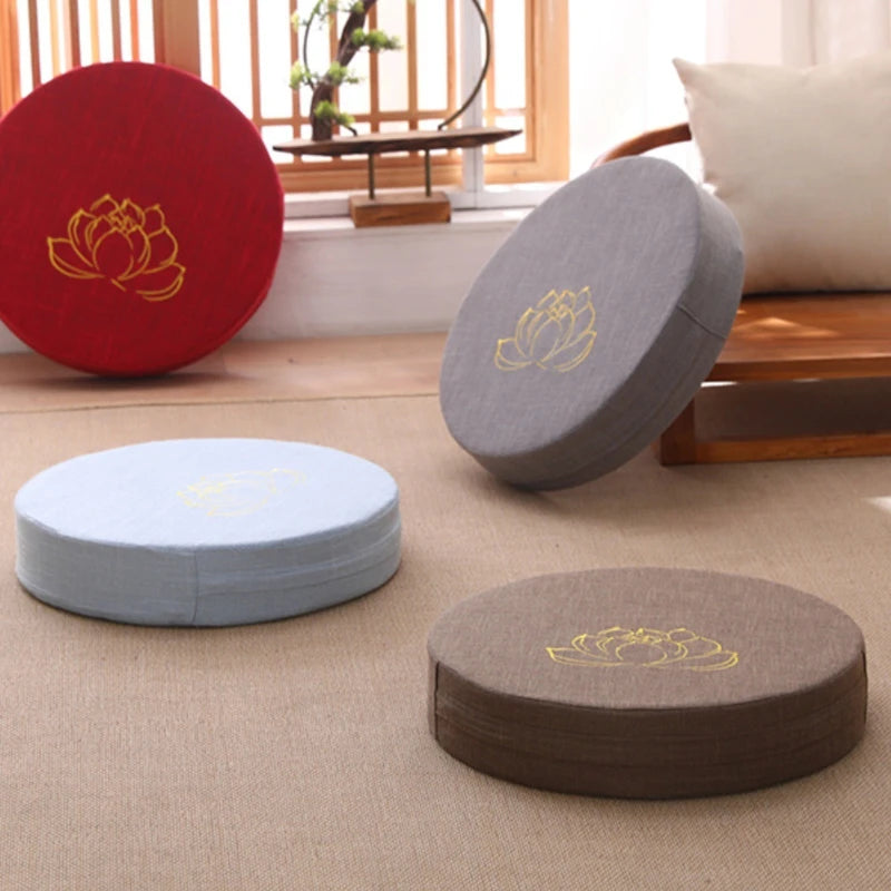 Round Meditation Cushion with Backrest – Embroidered Lotus, Washable Cover