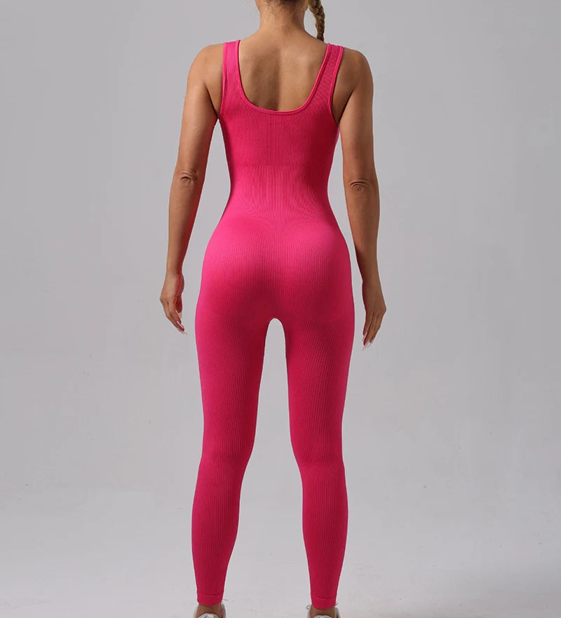 Seamless Ribbed Jumpsuit Women’s Yoga Tracksuit – One-Piece Sleeveless Fitness Romper