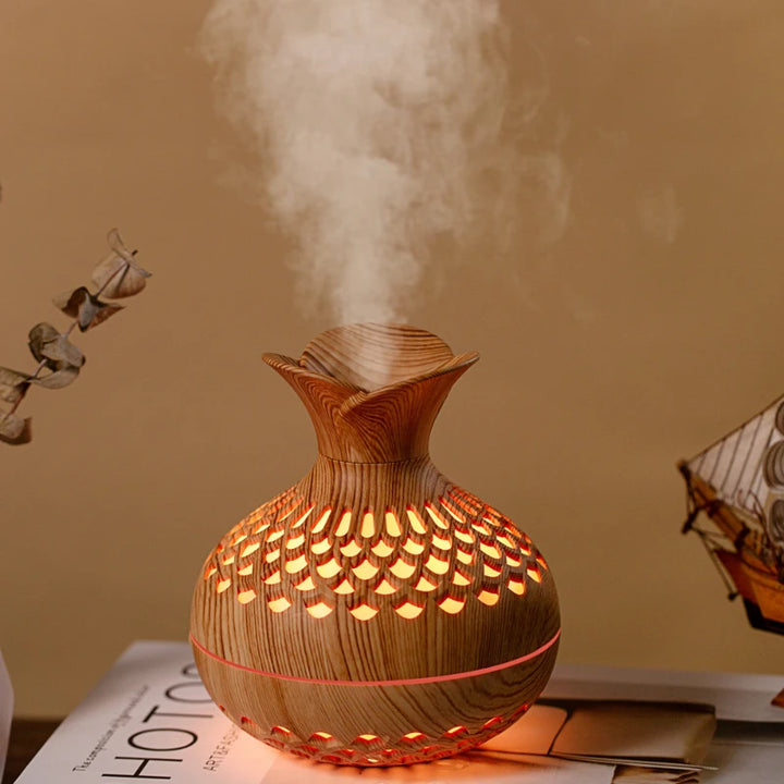 Eco-Friendly Wood Grain Ultrasonic Diffuser – USB Essential Oil Humidifier with Compact Desk Design & Light