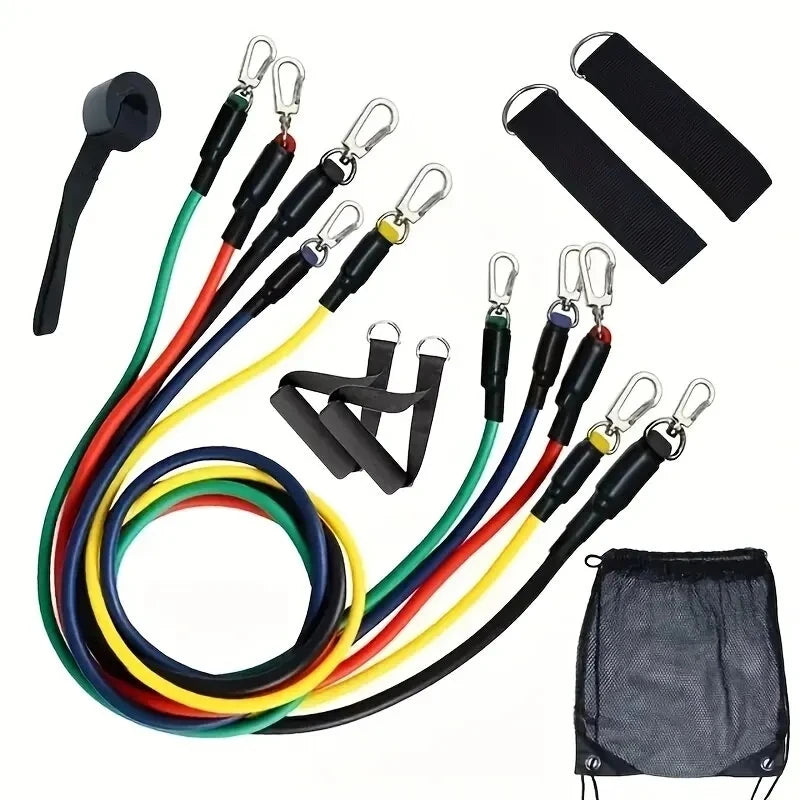 11pcs Fitness Resistance Bands Set – Exercise Tube Bands with Door Anchor, Ankle Straps, Cushioned Handles & Carry Bag
