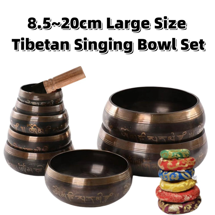Tibetan Singing Bowl Set – 8.5–20CM Scripture Bowls for Meditation & Healing
