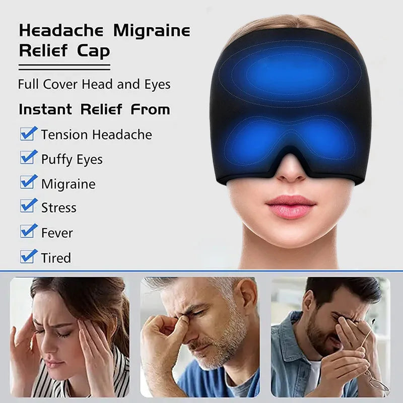Gel Ice Headache Relief Hat – Cold Compress Therapy Cap & Eye Mask for Migraine, Stress & Pain Relief