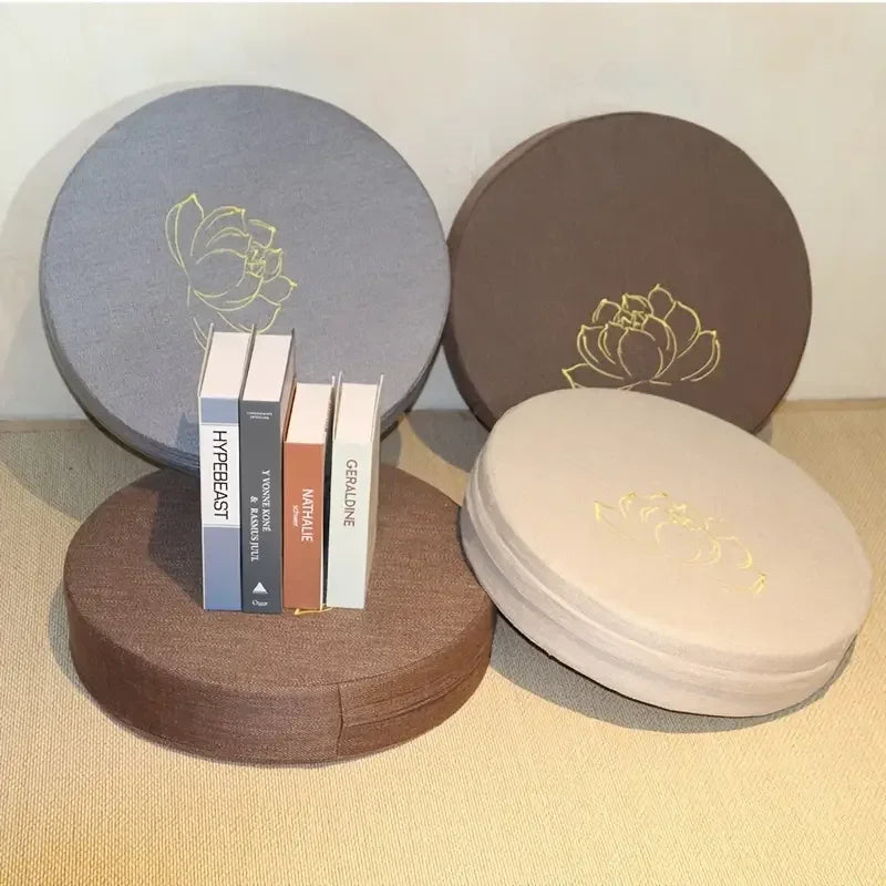 Round Meditation Cushion with Backrest – Embroidered Lotus, Washable Cover