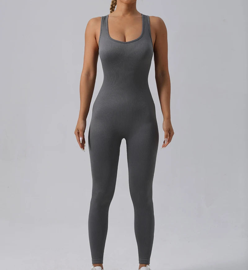 Seamless Ribbed Jumpsuit Women’s Yoga Tracksuit – One-Piece Sleeveless Fitness Romper