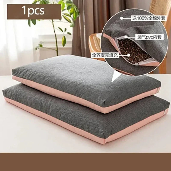 Organic Buckwheat Pillow – Coarse Cloth Cover, Cooling Hulls, Cervical Pain Relief