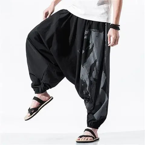Hip Hop Style Loose Fit Low Waist Cotton Linen Special Cropped Pants Japanese Style Baggy Pants For Men