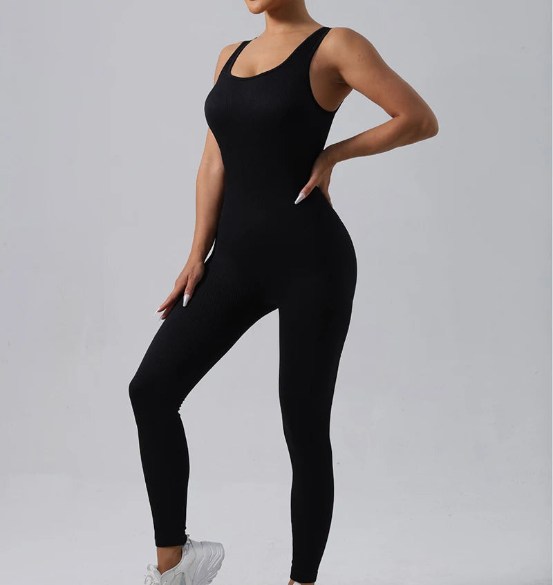 Seamless Ribbed Jumpsuit Women’s Yoga Tracksuit – One-Piece Sleeveless Fitness Romper