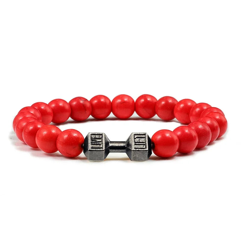 Hot Selling Vintage Men’s Beaded Bracelet – Natural Stone with Dumbbell Pendant, Elastic Strand Wristband, Friendship Gift