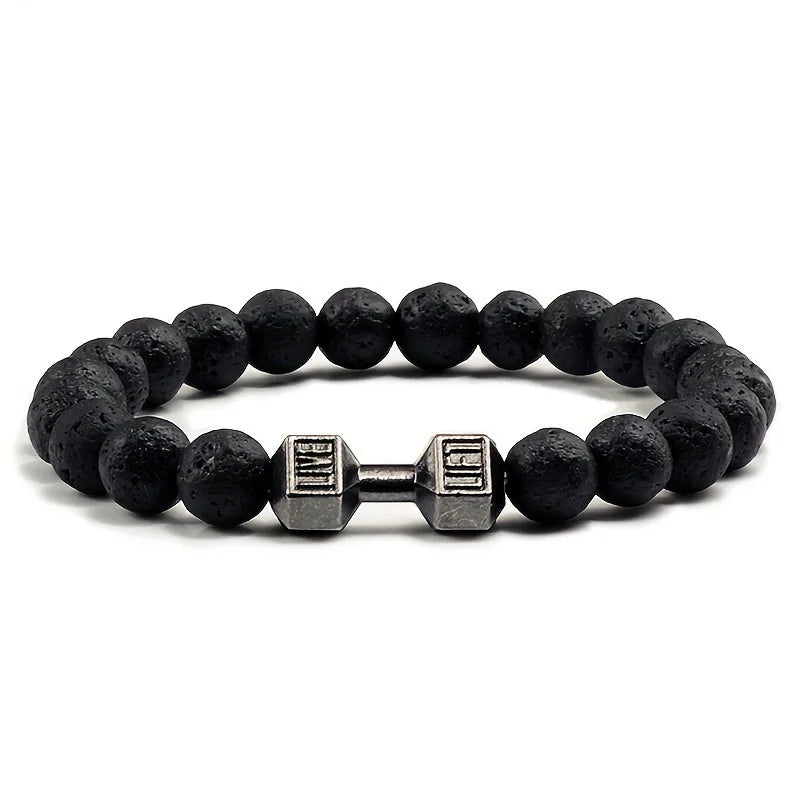 Hot Selling Vintage Men’s Beaded Bracelet – Natural Stone with Dumbbell Pendant, Elastic Strand Wristband, Friendship Gift