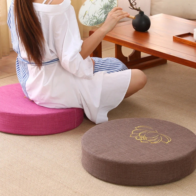 Round Meditation Cushion with Backrest – Embroidered Lotus, Washable Cover
