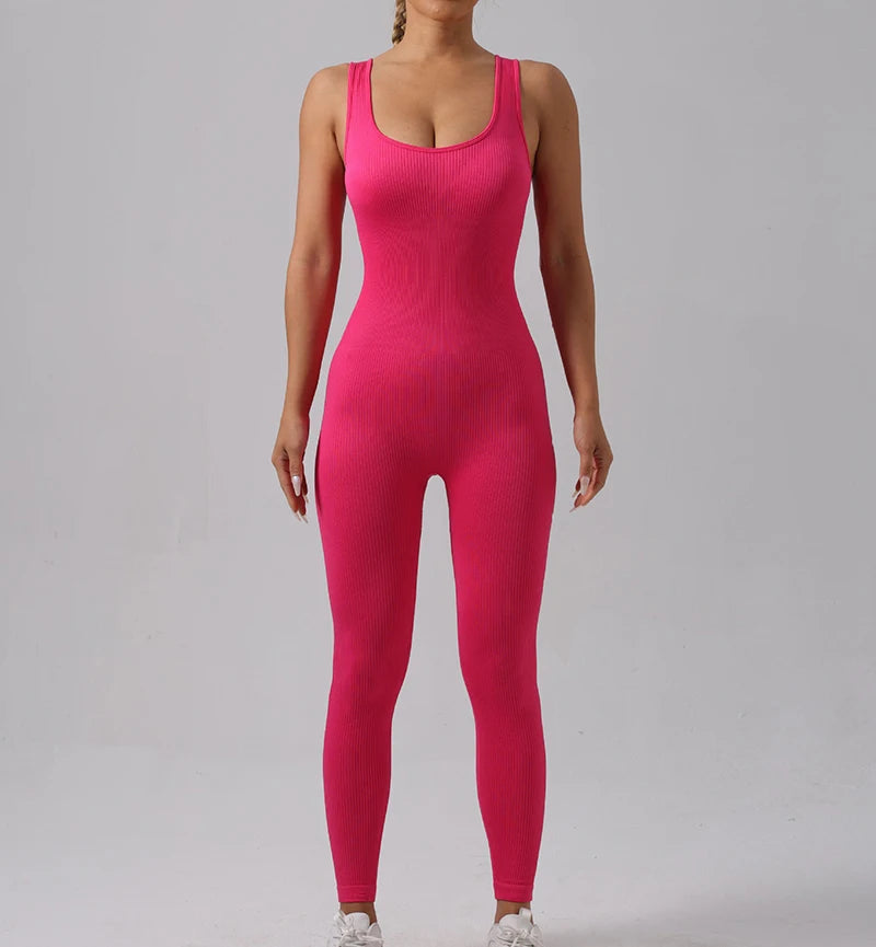 Seamless Ribbed Jumpsuit Women’s Yoga Tracksuit – One-Piece Sleeveless Fitness Romper