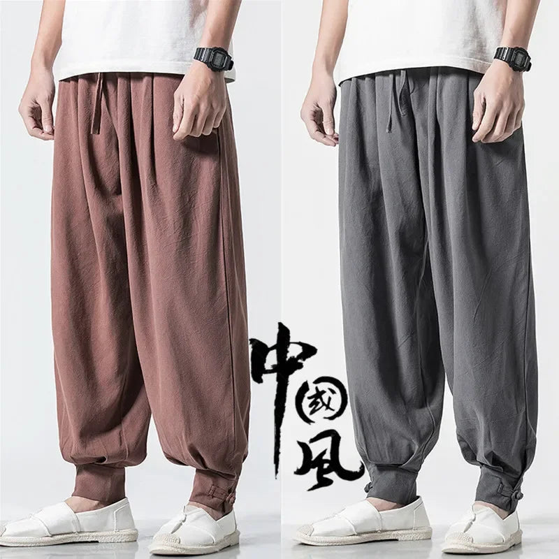 Loose-Fit Cotton Linen Monk Pants – Unisex Zen Meditation Trousers