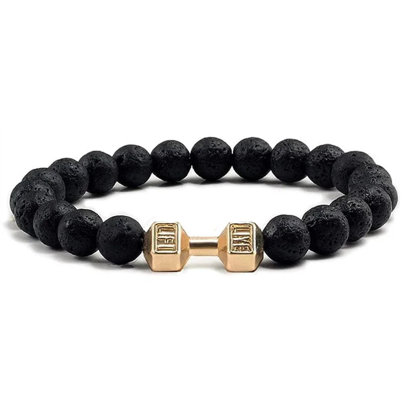 Hot Selling Vintage Men’s Beaded Bracelet – Natural Stone with Dumbbell Pendant, Elastic Strand Wristband, Friendship Gift