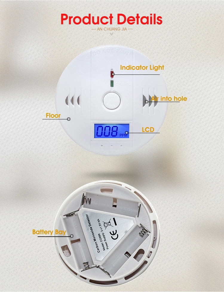 Independent CO Alarm Sensor – Carbon Monoxide Detector with LCD Display & 85dB High-Sensitivity Warning for Home & Hotel