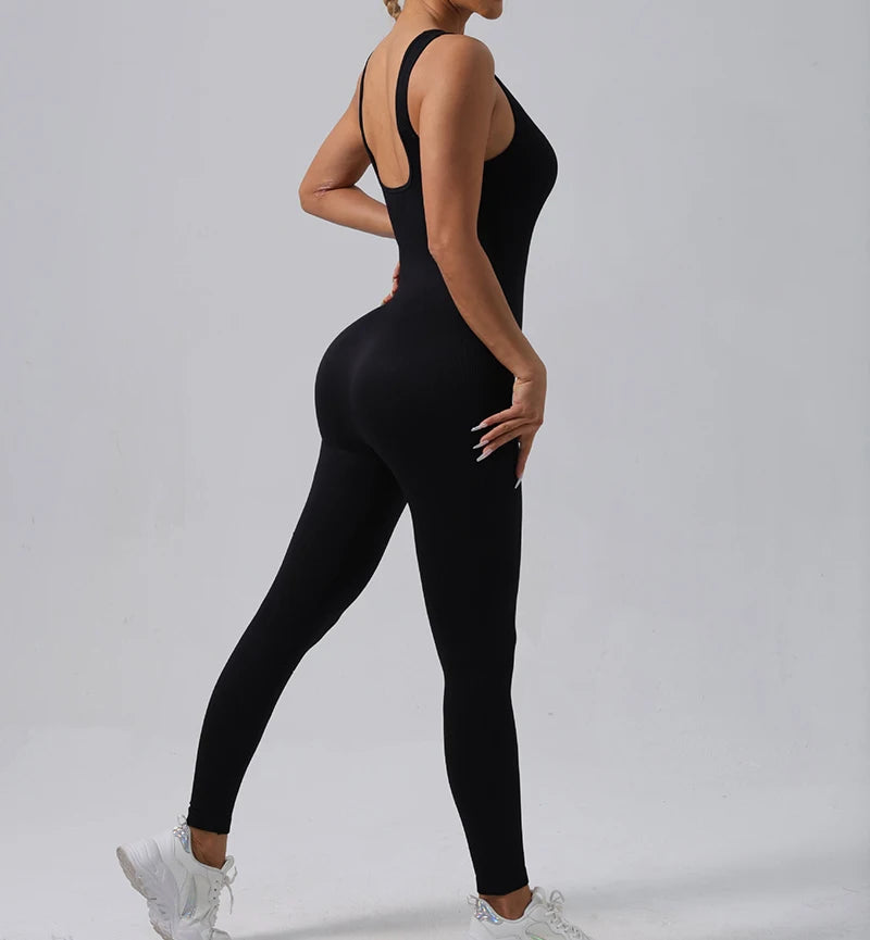 Seamless Ribbed Jumpsuit Women’s Yoga Tracksuit – One-Piece Sleeveless Fitness Romper