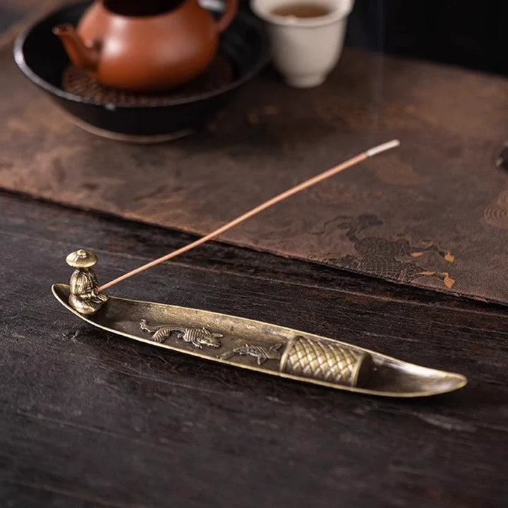 Creative Boat Incense Holder – Japanese Style Fishing Man Ornament, Aromatherapy Stick Burner Home Décor