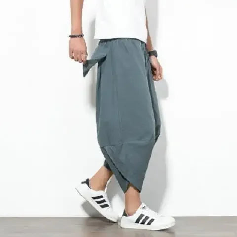 Hip Hop Style Loose Fit Low Waist Cotton Linen Special Cropped Pants Japanese Style Baggy Pants For Men
