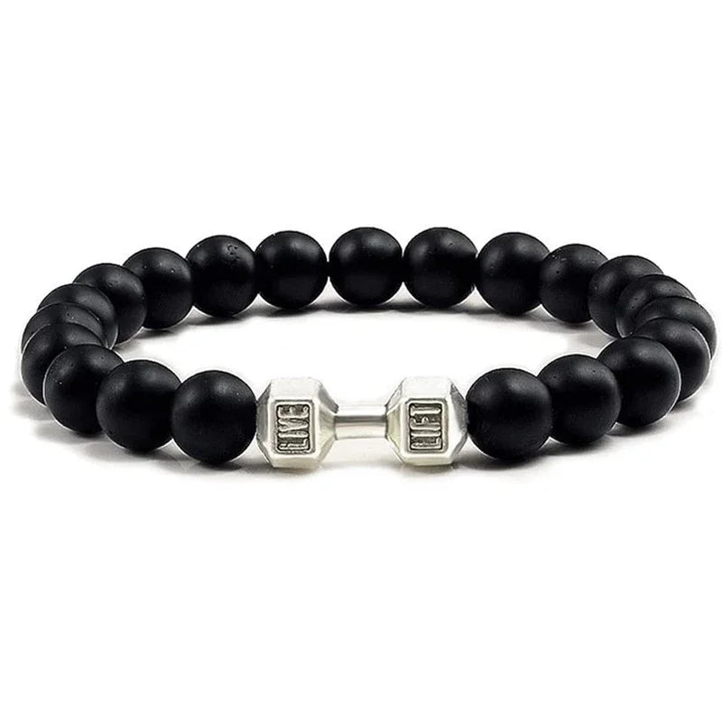 Hot Selling Vintage Men’s Beaded Bracelet – Natural Stone with Dumbbell Pendant, Elastic Strand Wristband, Friendship Gift