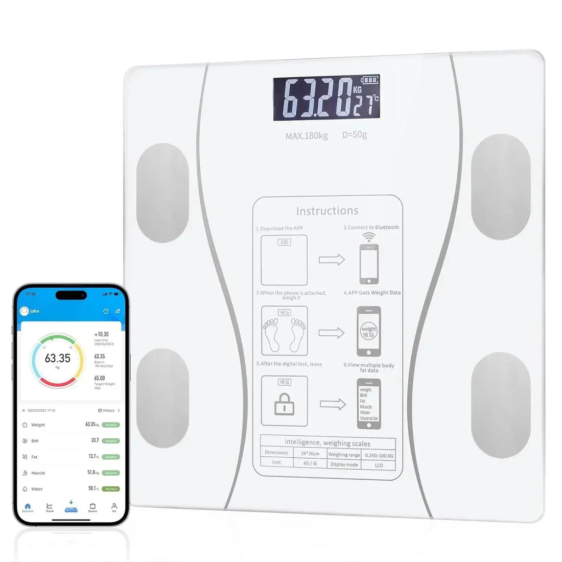 Bluetooth Body Fat Scale – Smart Digital Weight Scale with USB Charging