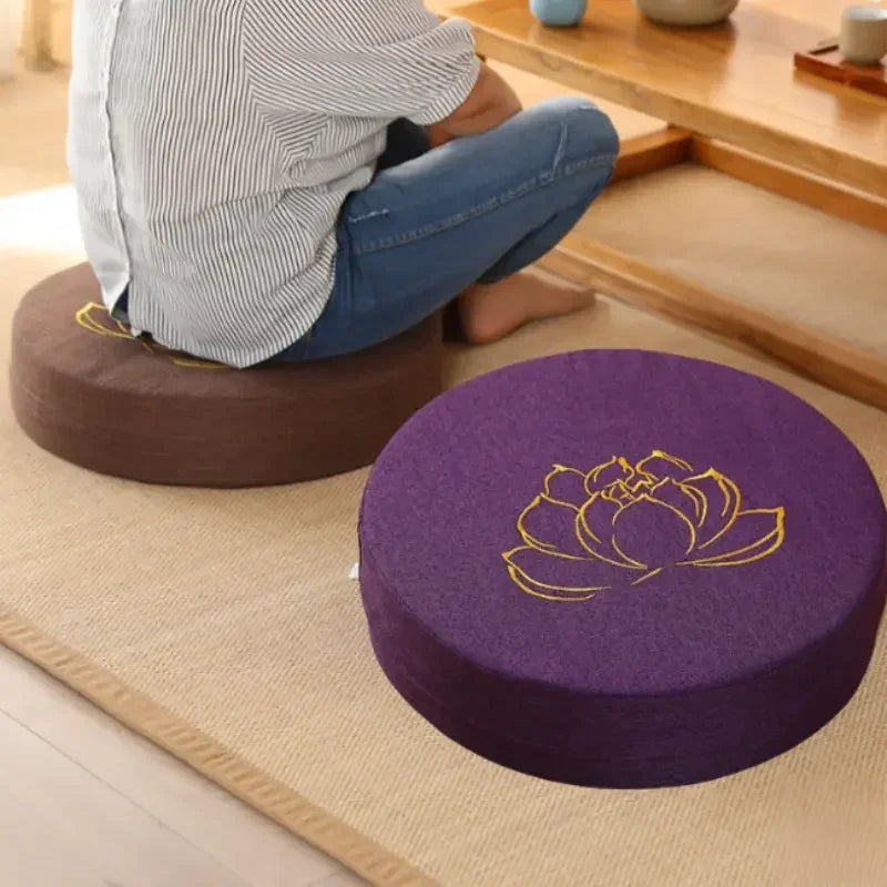Round Meditation Cushion with Backrest – Embroidered Lotus, Washable Cover