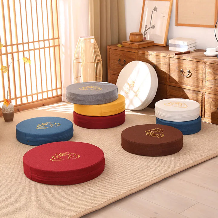 Round Meditation Cushion with Backrest – Embroidered Lotus, Washable Cover