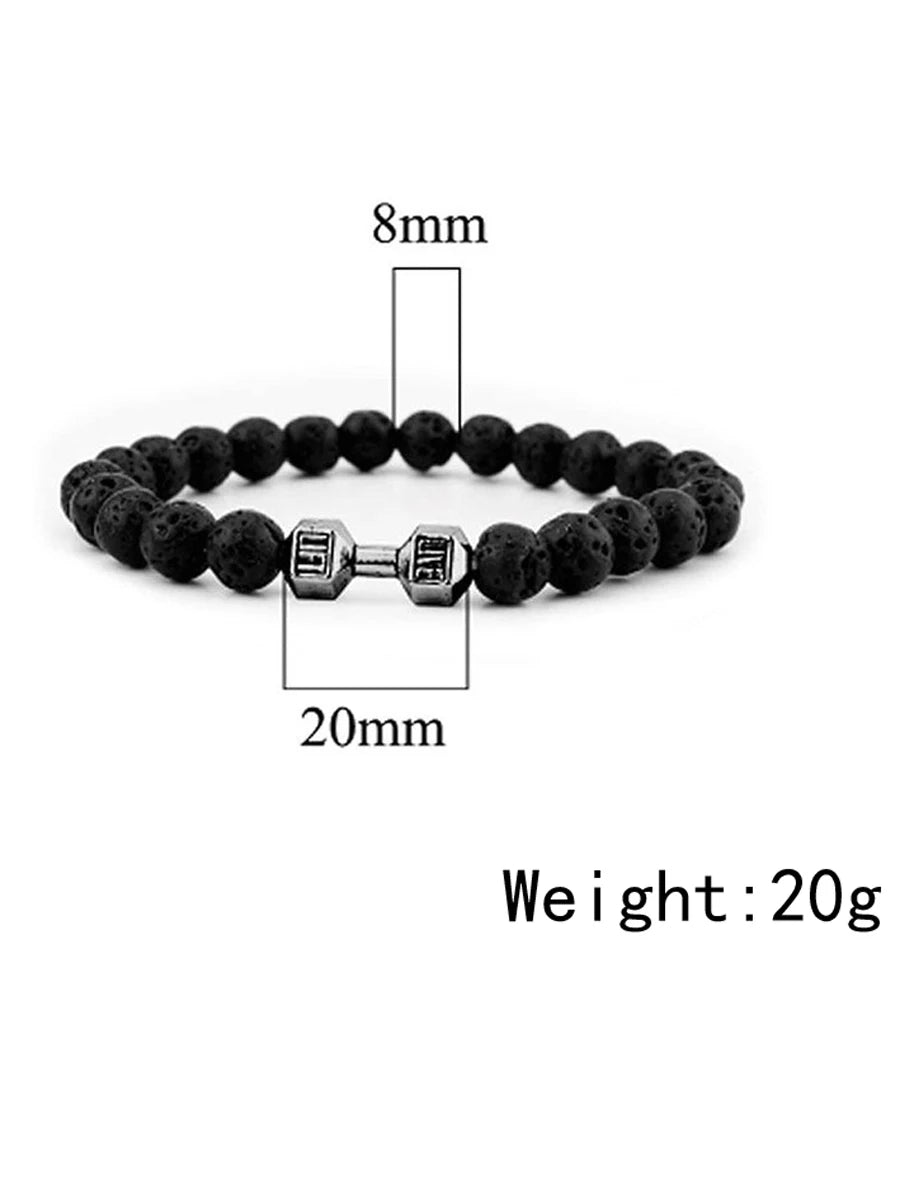 Hot Selling Vintage Men’s Beaded Bracelet – Natural Stone with Dumbbell Pendant, Elastic Strand Wristband, Friendship Gift