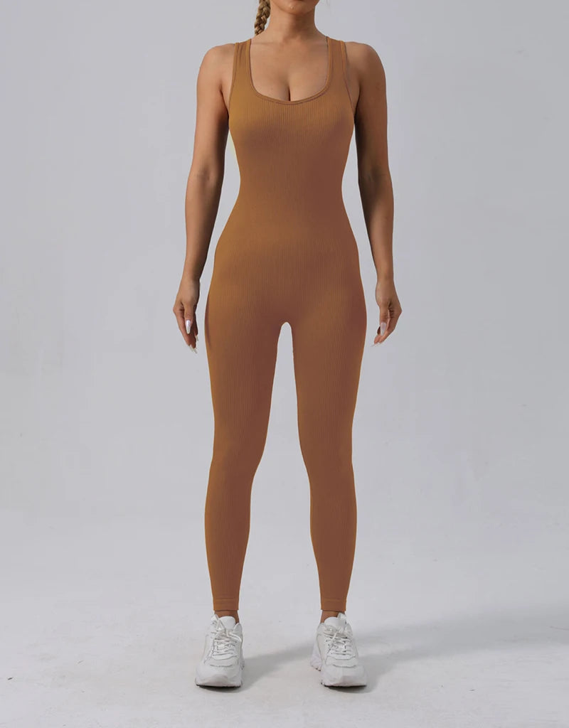 Seamless Ribbed Jumpsuit Women’s Yoga Tracksuit – One-Piece Sleeveless Fitness Romper