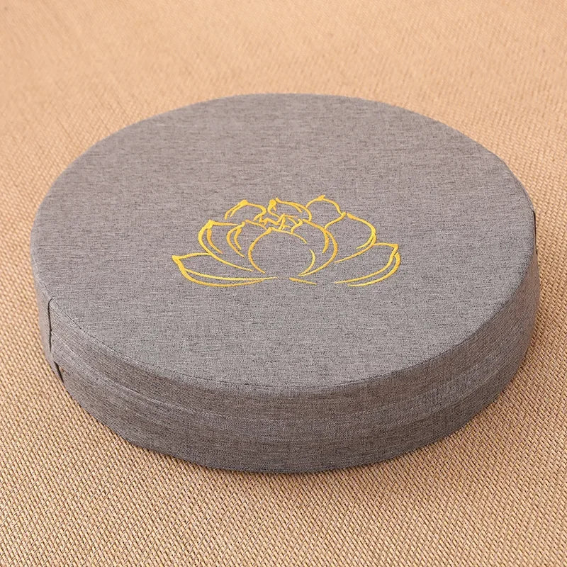 Round Meditation Cushion with Backrest – Embroidered Lotus, Washable Cover
